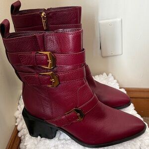 Vince Camuto Cranberry Leather Buckle Mid Shaft Boots. Sz 9